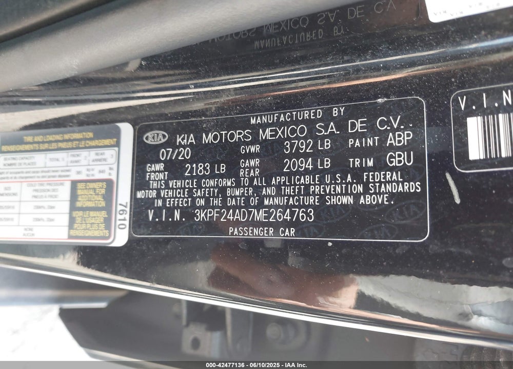 2021 KIA FORTE VIN: 3KPF24AD7ME264763