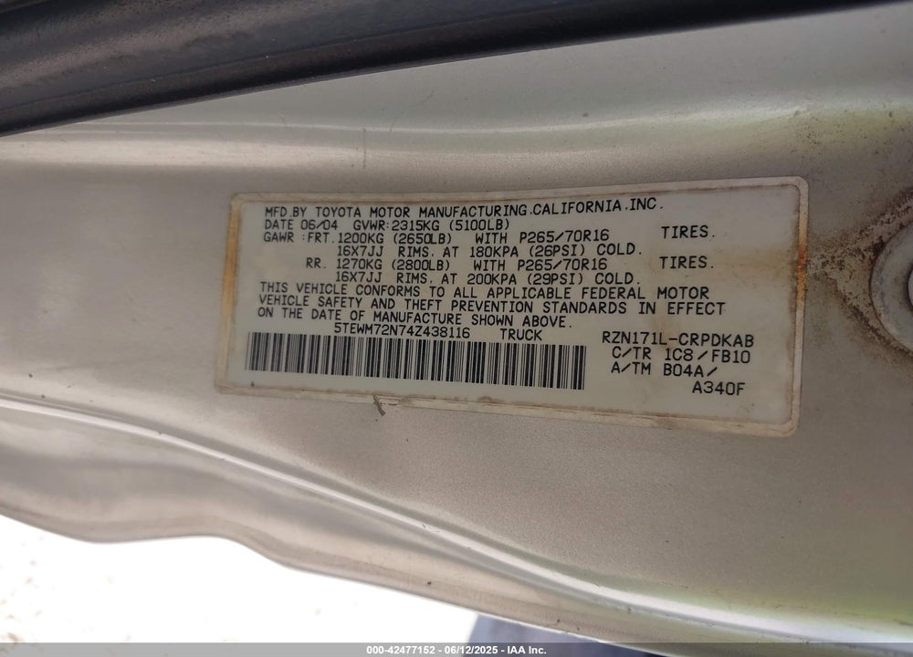 2004 TOYOTA TACOMA VIN: 5TEWM72N74Z438116