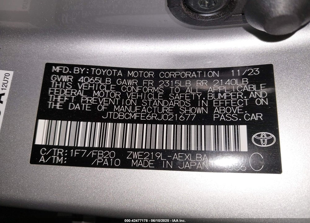2024 TOYOTA COROLLA VIN: JTDBCMFE6RJ021677