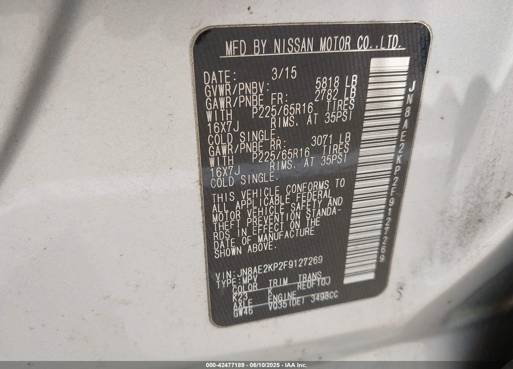 2015 NISSAN QUEST PLATINUM/S/SL/SV VIN: JN8AE2KP2F9127269