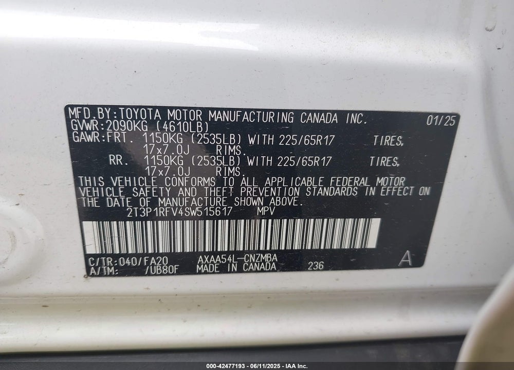 2025 TOYOTA RAV4 XLE VIN: 2T3P1RFV4SW515617