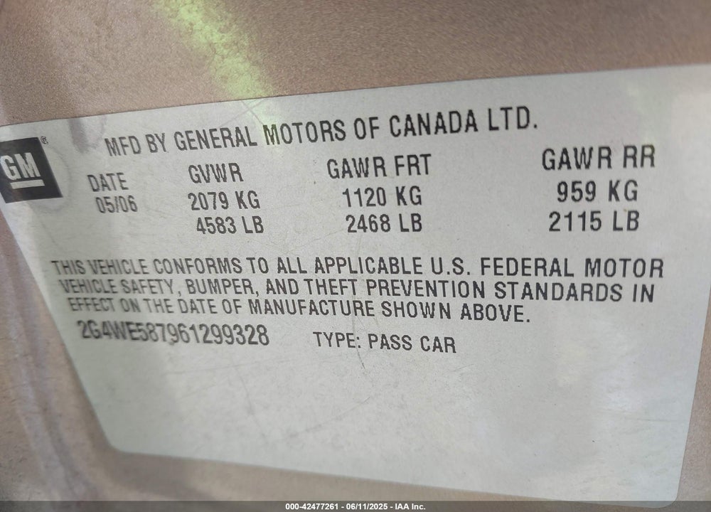 2006 BUICK LACROSSE VIN: 2G4WE587961299328