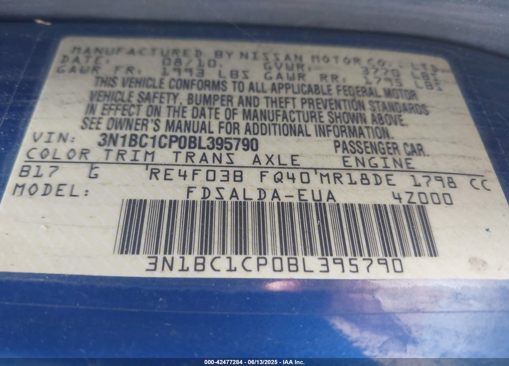 2011 NISSAN VERSA 1.8S VIN: 3N1BC1CP0BL395790