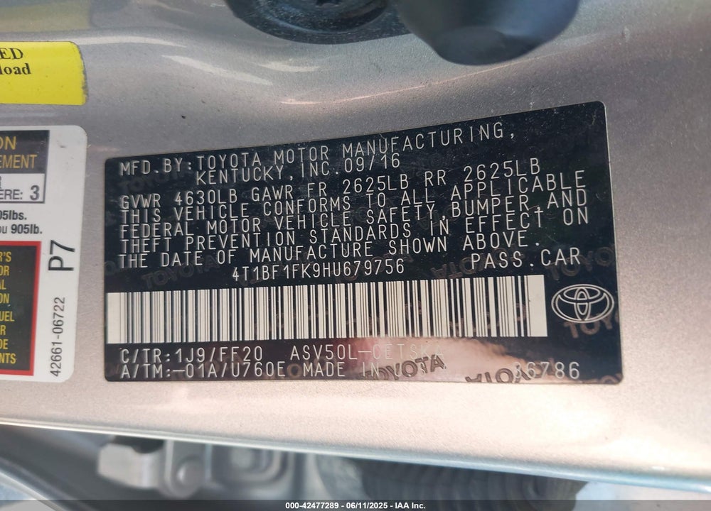 2017 TOYOTA CAMRY VIN: 4T1BF1FK9HU679756