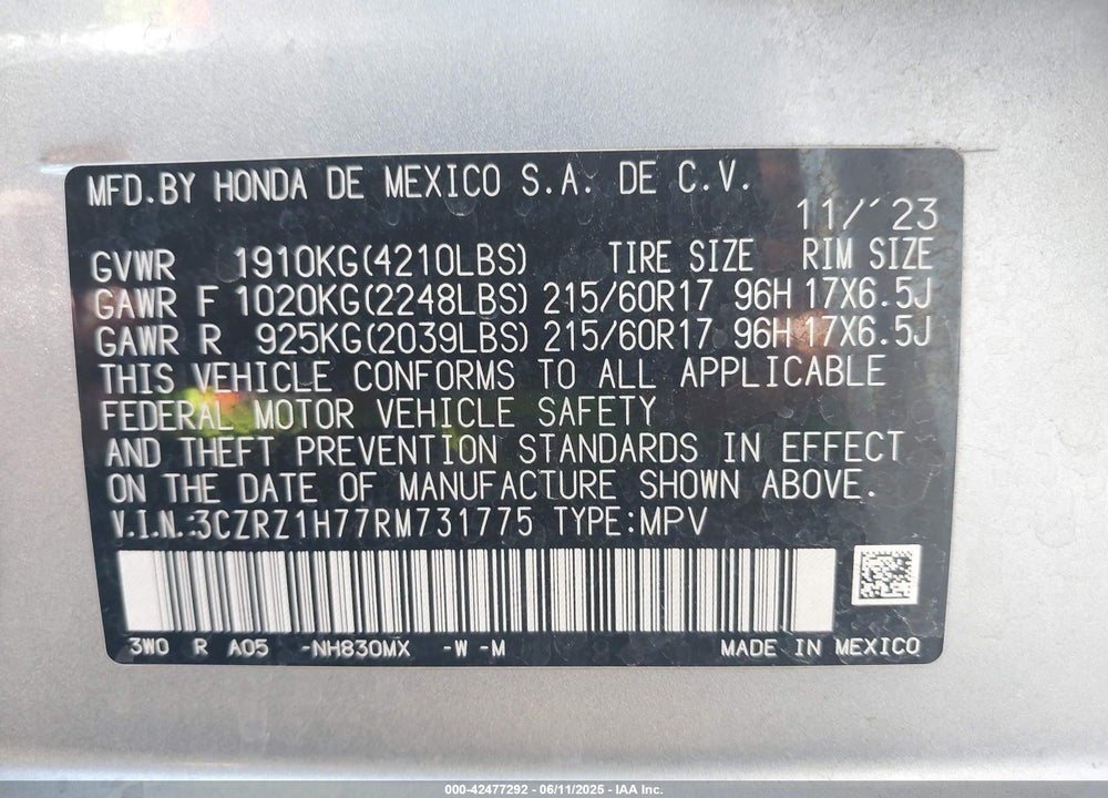 2024 HONDA HR-V VIN: 3CZRZ1H77RM731775