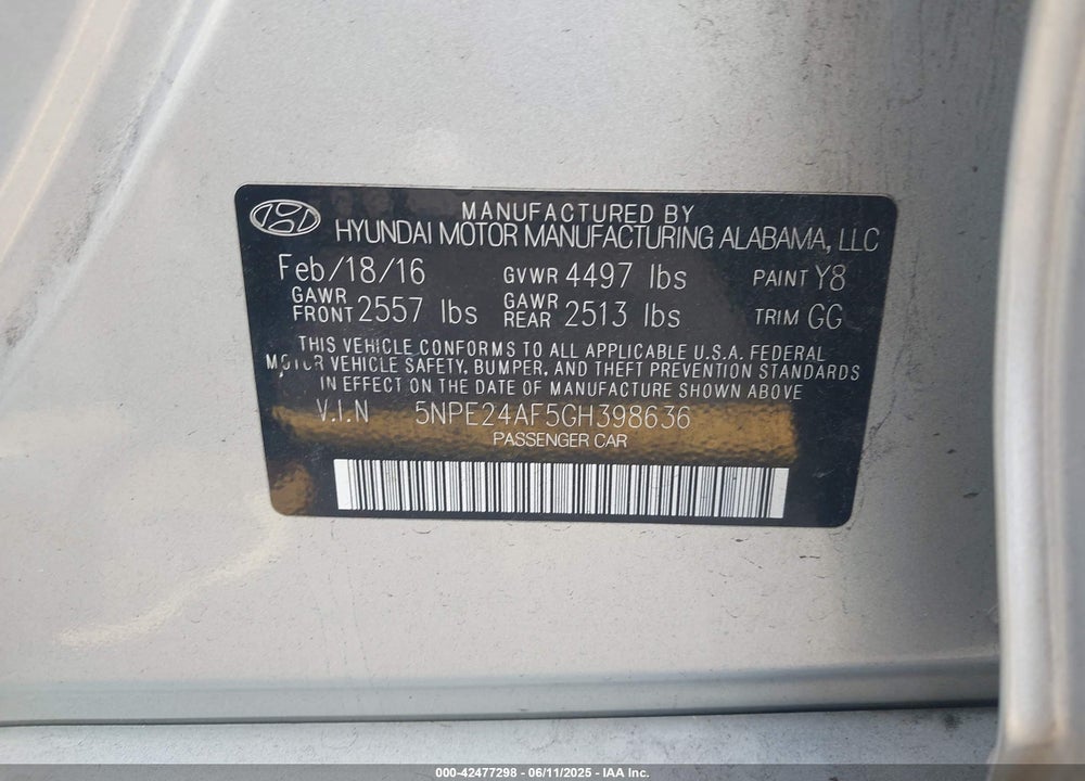 2016 HYUNDAI SONATA VIN: 5NPE24AF5GH398636