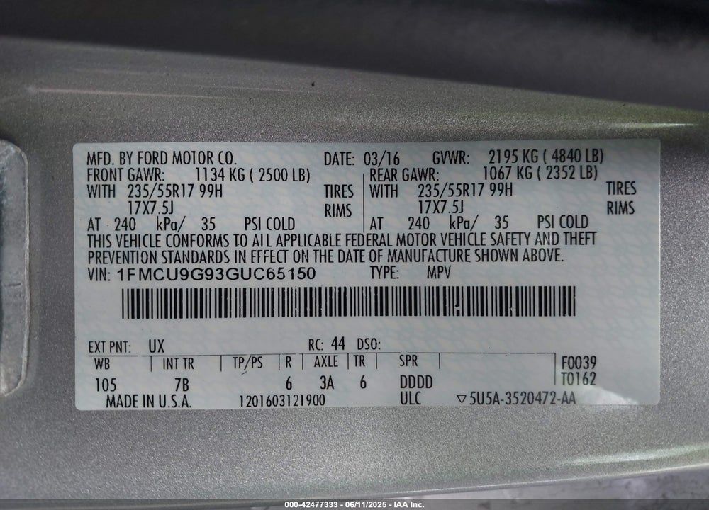 2016 FORD ESCAPE VIN: 1FMCU9G93GUC65150