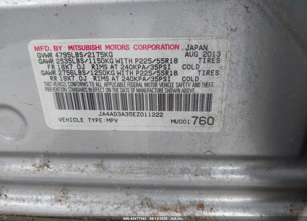 2014 MITSUBISHI OUTLANDER VIN: JA4AD3A35EZ011222
