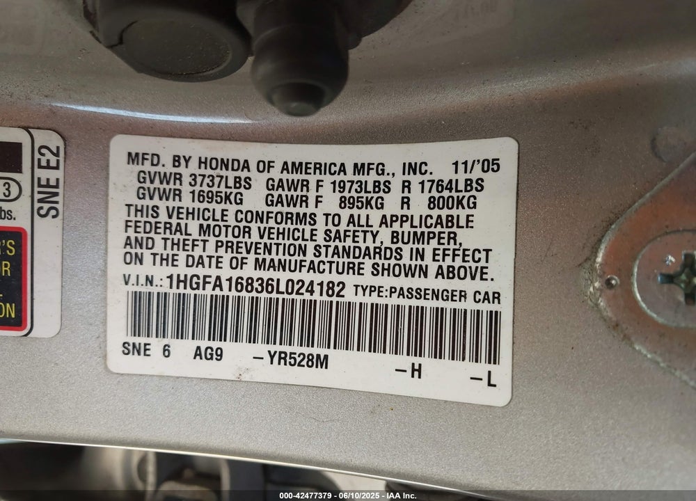 2006 HONDA CIVIC EX VIN: 1HGFA16836L024182