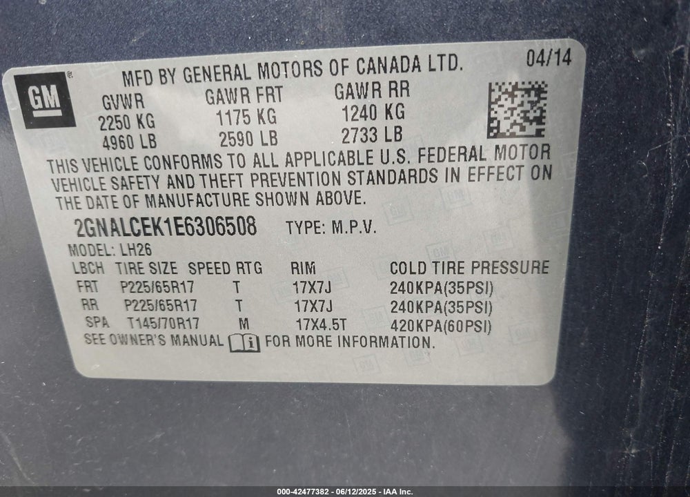 2014 CHEVROLET EQUINOX VIN: 2GNALCEK1E6306508
