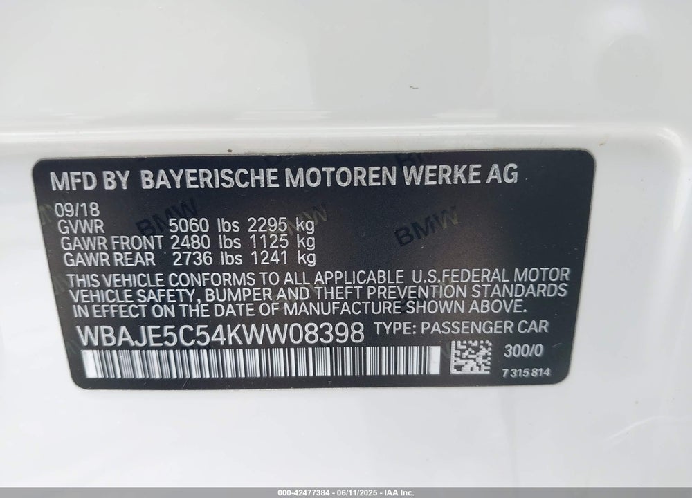 2019 BMW 5 SERIES VIN: WBAJE5C54KWW08398