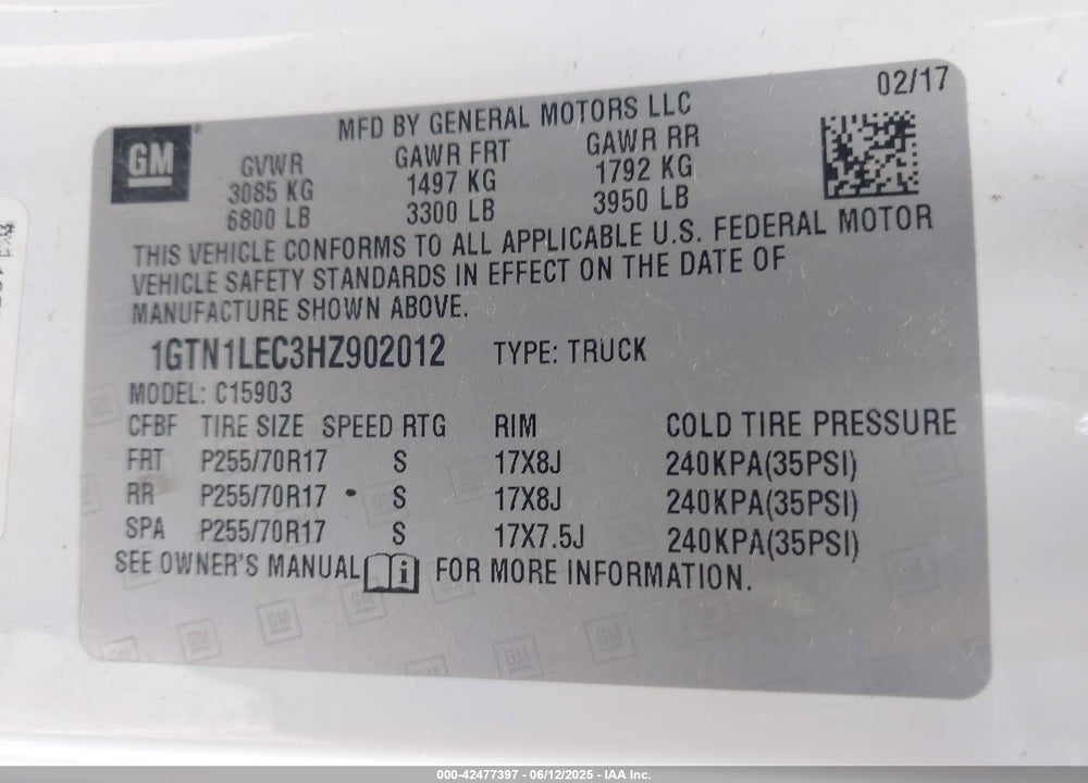 2017 GMC SIERRA 1500 VIN: 1GTN1LEC3HZ902012