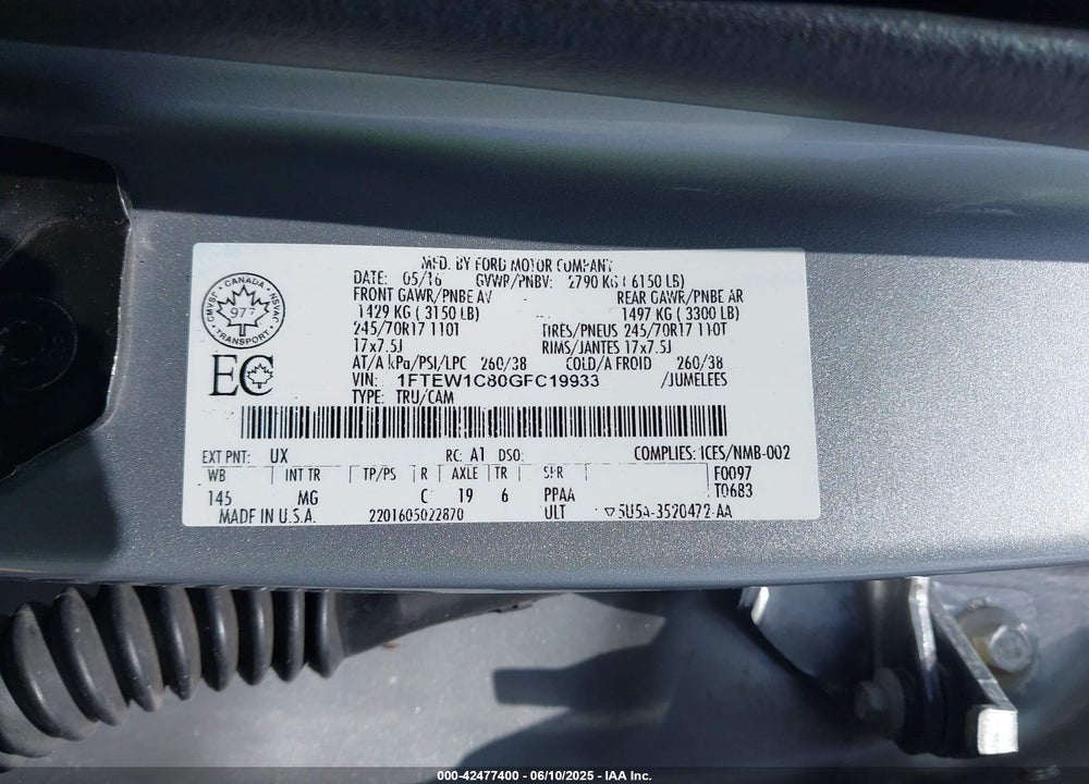2016 FORD F-150 VIN: 1FTEW1C80GFC19933
