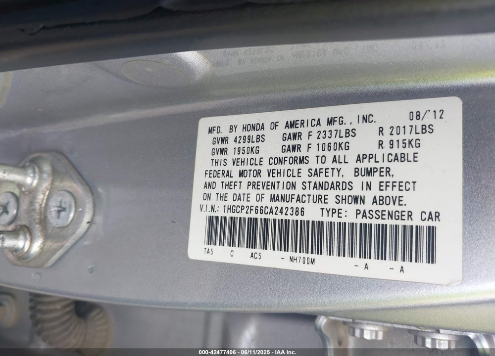2012 HONDA ACCORD VIN: 1HGCP2F66CA242386