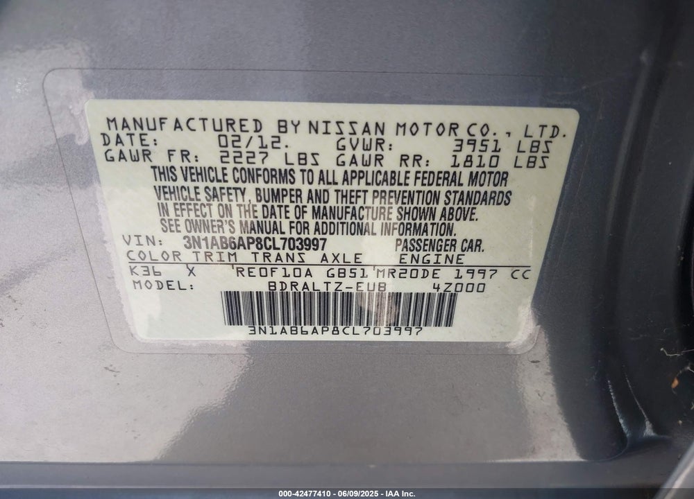 2012 NISSAN SENTRA VIN: 3N1AB6AP8CL703997