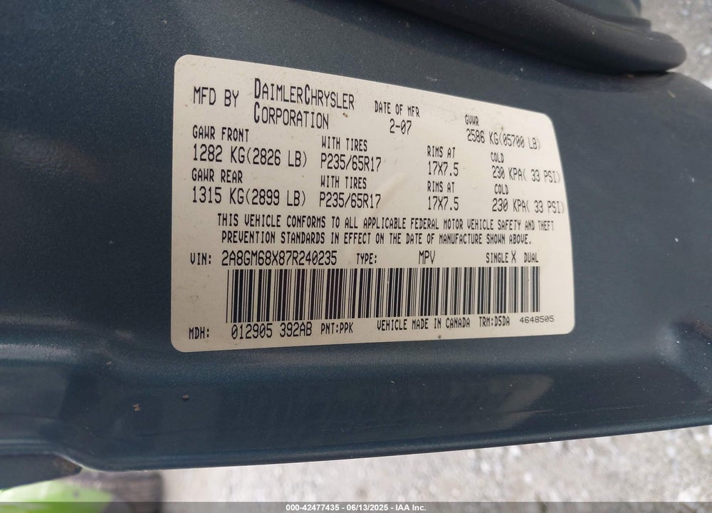 2007 CHRYSLER PACIFICA TOURING VIN: 2A8GM68X87R240235
