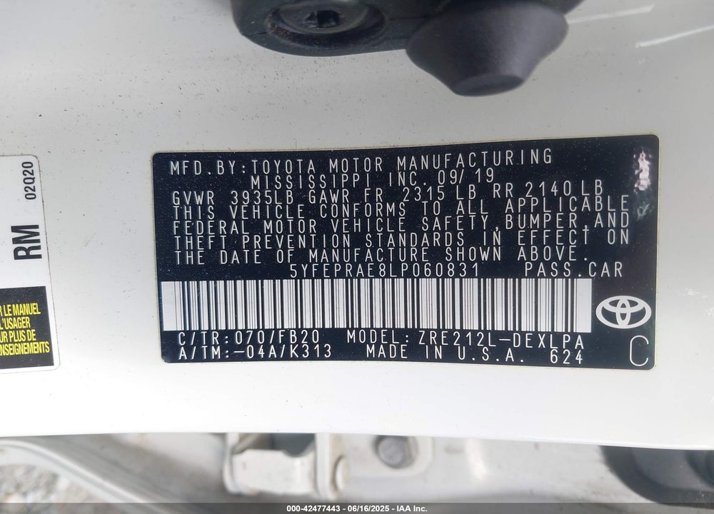 2020 TOYOTA COROLLA VIN: 5YFEPRAE8LP060831