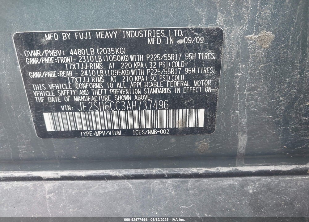 2010 SUBARU FORESTER VIN: JF2SH6CC3AH737496