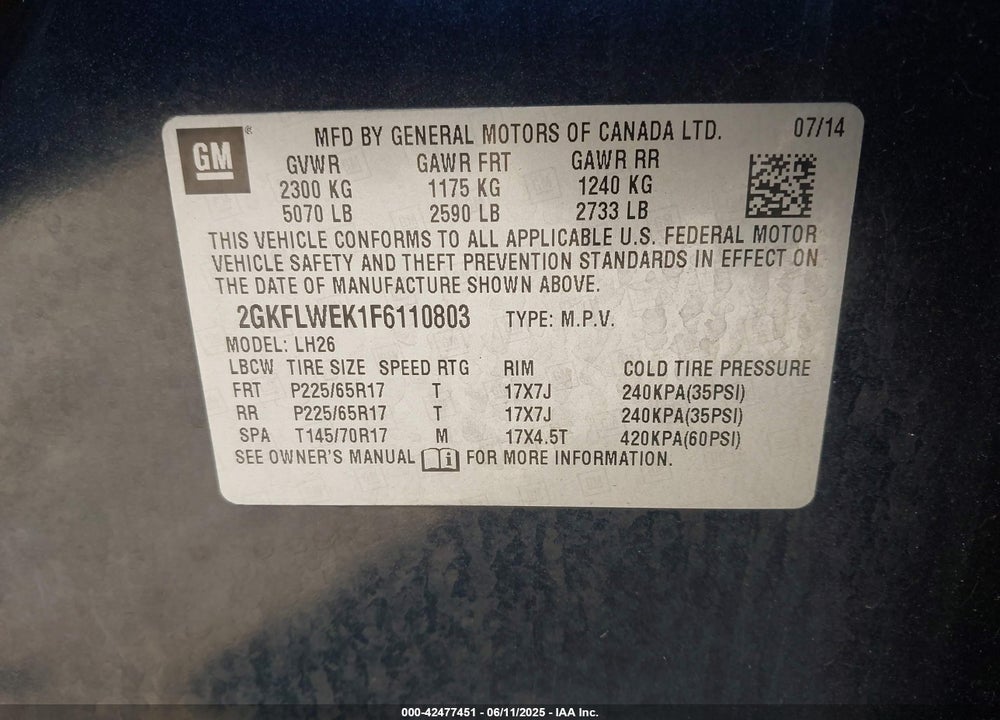 2015 GMC TERRAIN VIN: 2GKFLWEK1F6110803