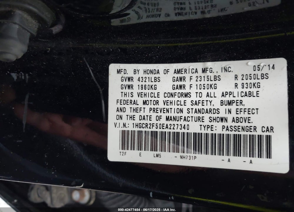 2014 HONDA ACCORD VIN: 1HGCR2F50EA227340