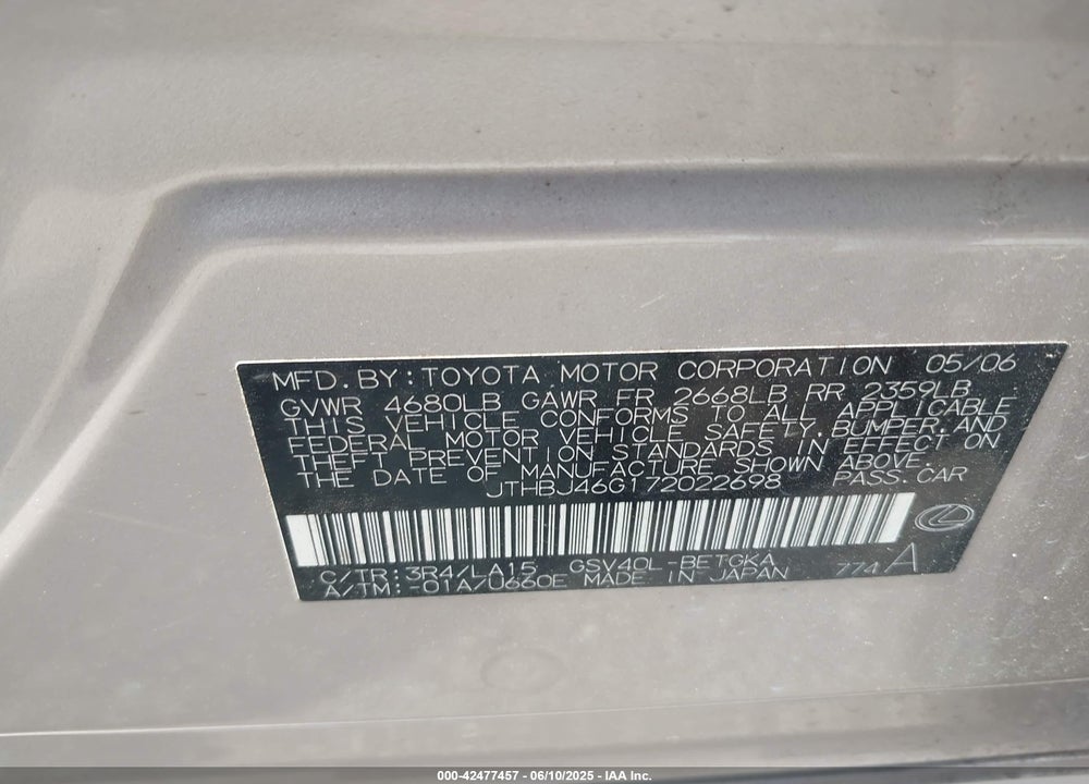 2007 LEXUS ES 350 VIN: JTHBJ46G172022698