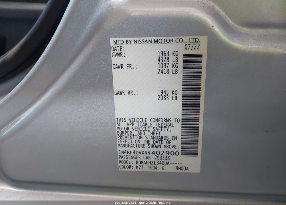 2022 NISSAN ALTIMA VIN: 1N4BL4DVXNN402900
