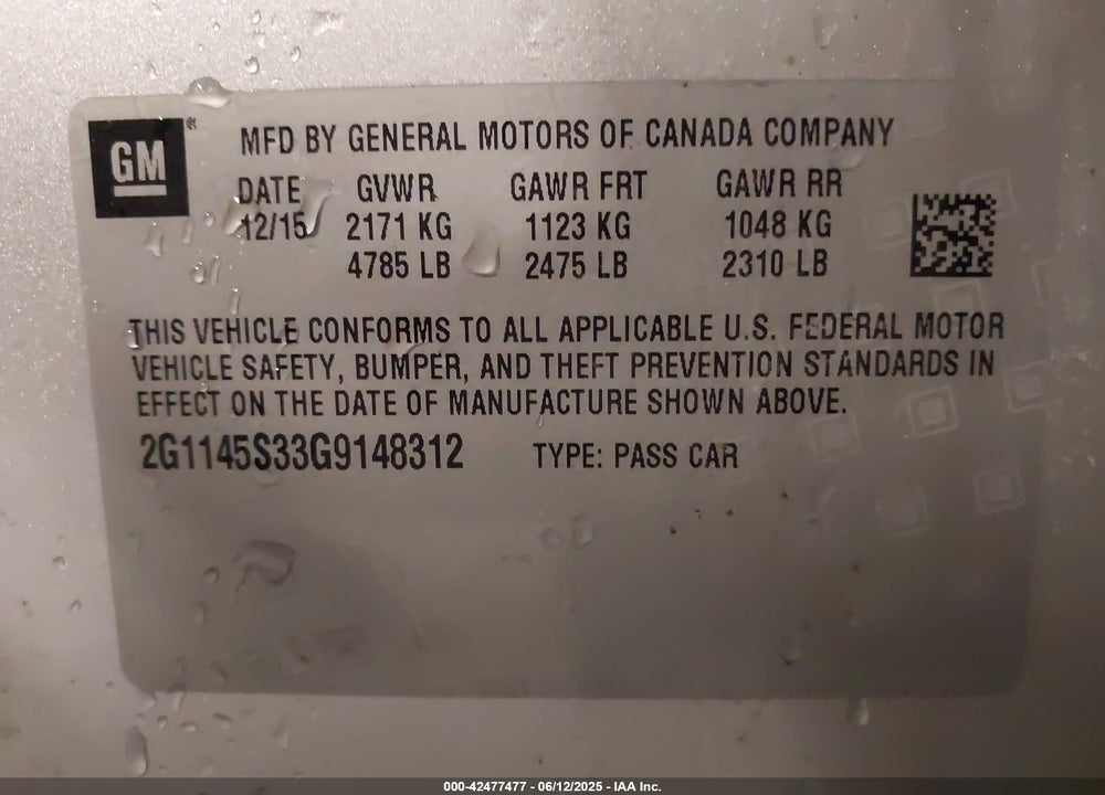 2016 CHEVROLET IMPALA VIN: 2G1145S33G9148312