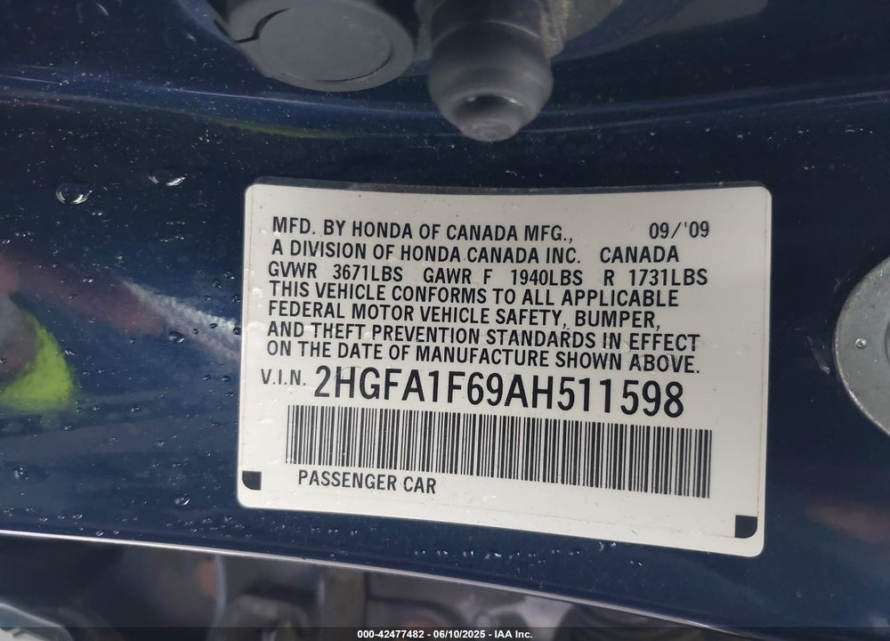 2010 HONDA CIVIC VIN: 2HGFA1F69AH511598