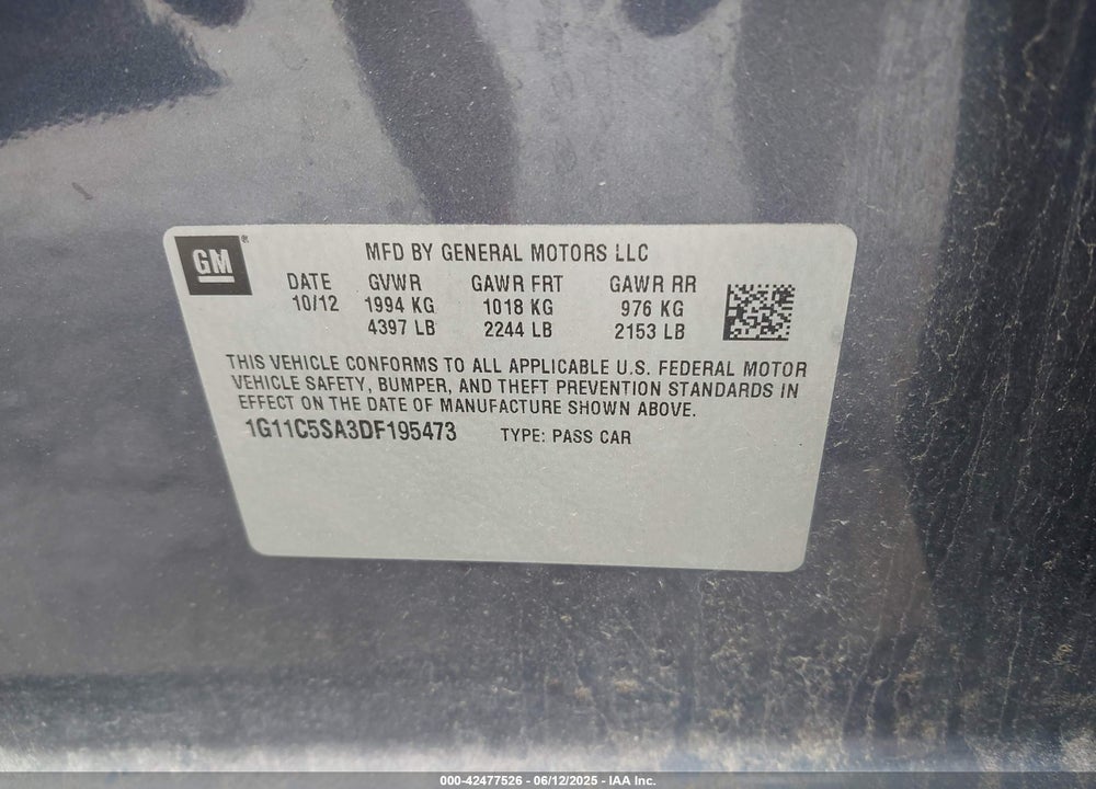 2013 CHEVROLET MALIBU VIN: 1G11C5SA3DF195473