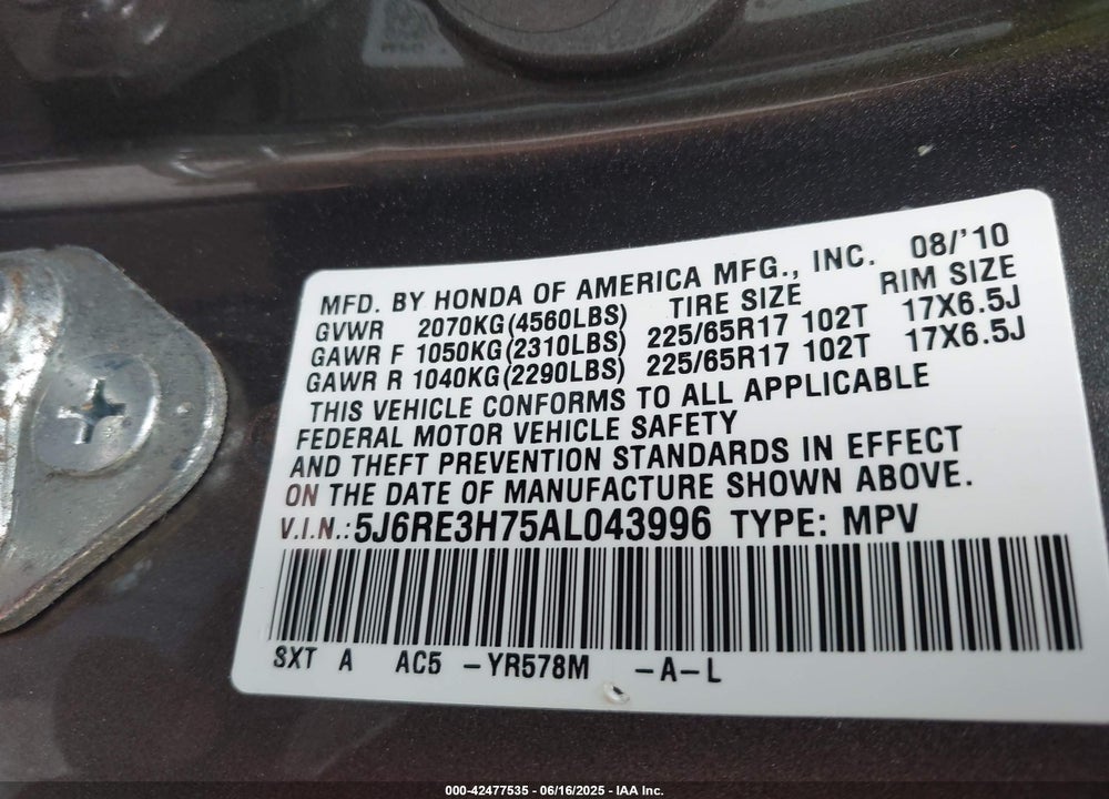2010 HONDA CR-V VIN: 5J6RE3H75AL043996