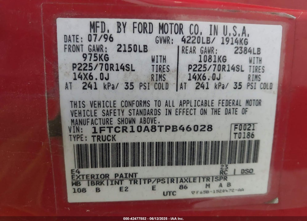 1996 FORD RANGER VIN: 1FTCR10A8TPB46028