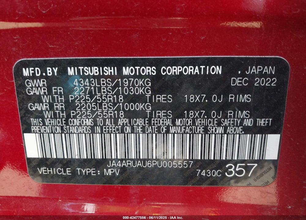2023 MITSUBISHI OUTLANDER SPORT VIN: JA4ARUAU6PU005557
