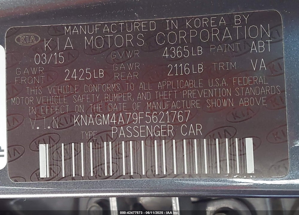 2015 KIA OPTIMA VIN: KNAGM4A79F5621767