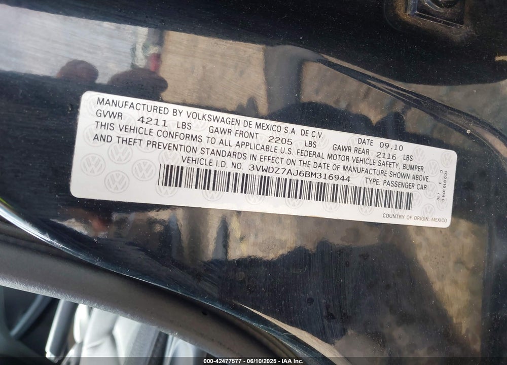 2011 VOLKSWAGEN JETTA 2.5L SE VIN: 3VWDZ7AJ6BM316944