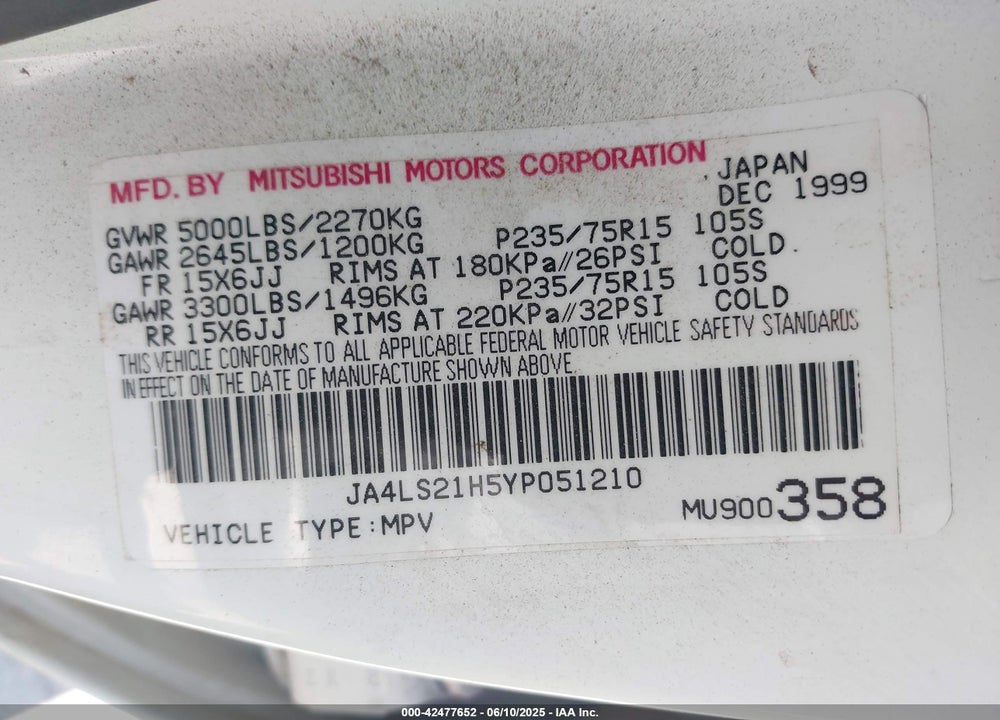 2000 MITSUBISHI MONTERO SPORT ES VIN: JA4LS21H5YP051210