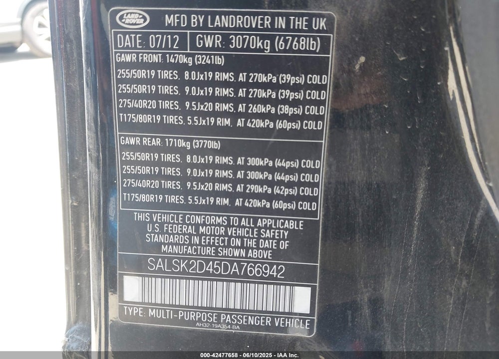 2013 LAND ROVER RANGE ROVER SPORT VIN: SALSK2D45DA766942
