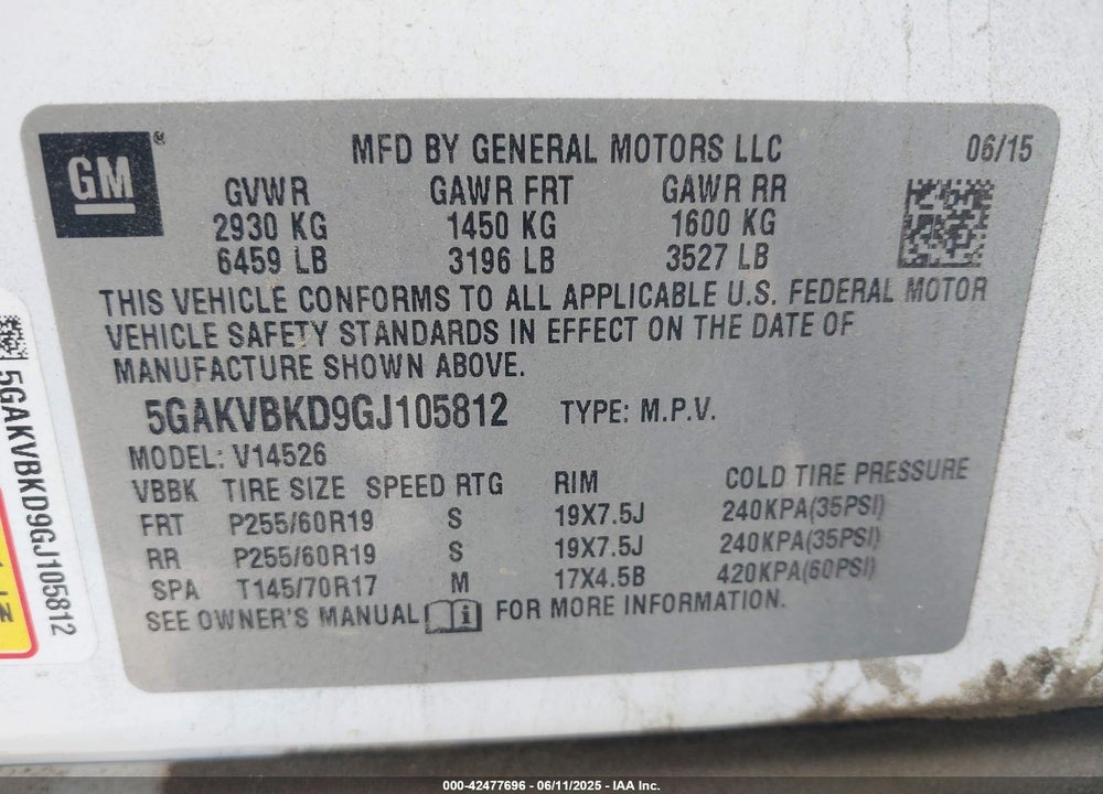 2016 BUICK ENCLAVE LEATHER VIN: 5GAKVBKD9GJ105812