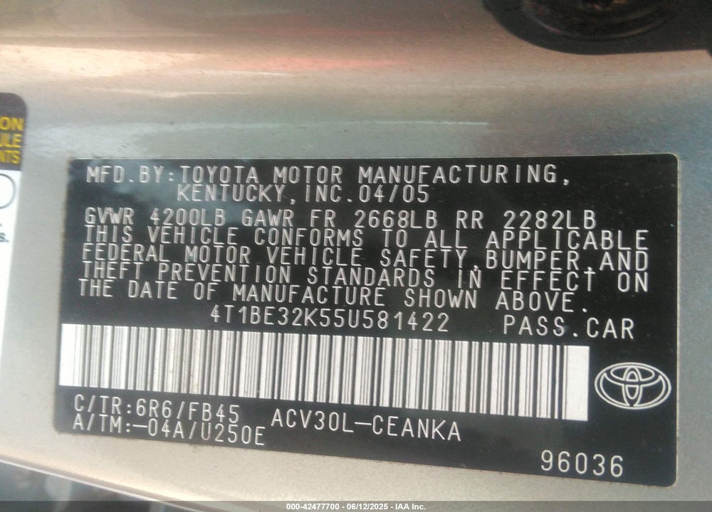 2005 TOYOTA CAMRY LE VIN: 4T1BE32K55U581422