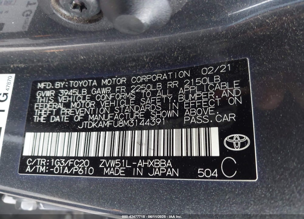 2021 TOYOTA PRIUS VIN: JTDKAMFU8M3144391