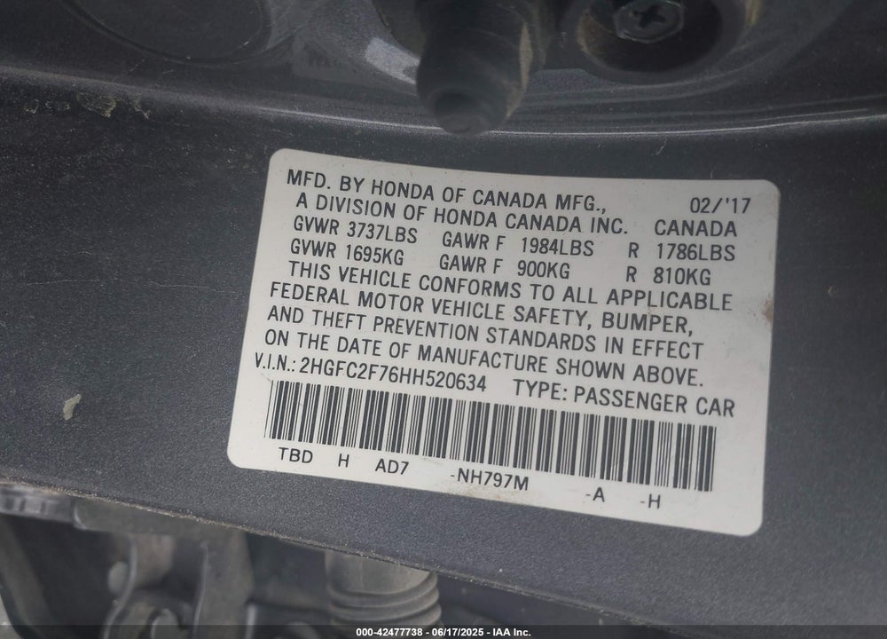 2017 HONDA CIVIC VIN: 2HGFC2F76HH520634