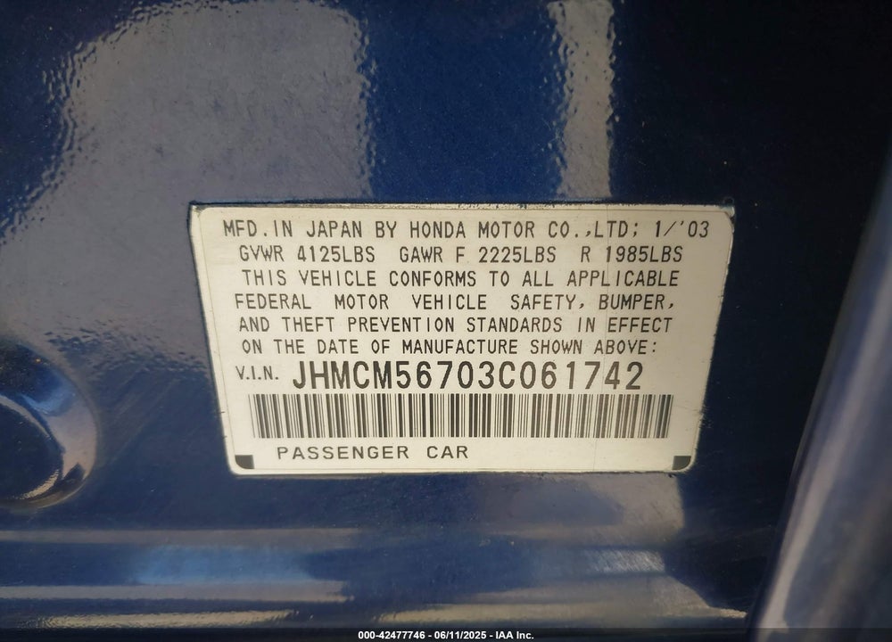 2003 HONDA ACCORD 2.4 EX VIN: JHMCM56703C061742