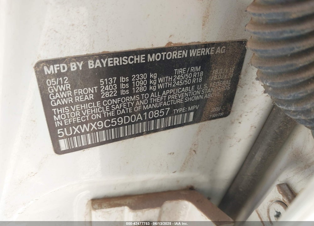 2013 BMW X3 VIN: 5UXWX9C59D0A10857