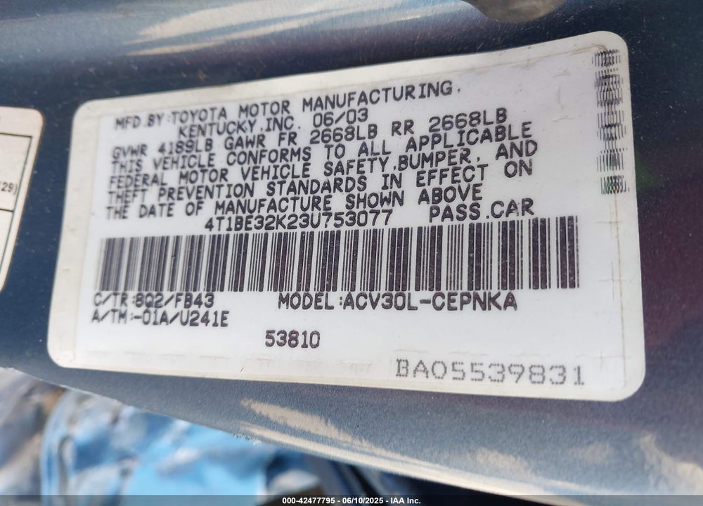 2003 TOYOTA CAMRY VIN: 4T1BE32K23U753077