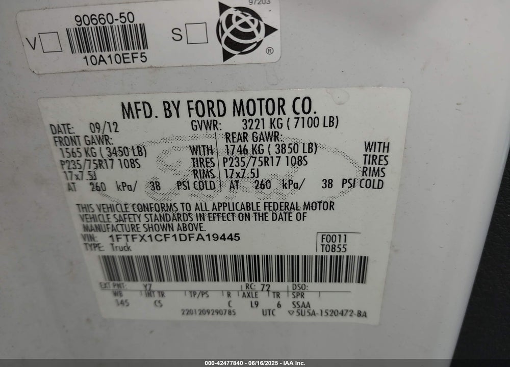 2013 FORD F-150 XL VIN: 1FTFX1CF1DFA19445