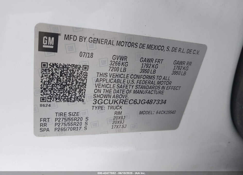 2018 CHEVROLET SILVERADO 1500 VIN: 3GCUKREC6JG487334