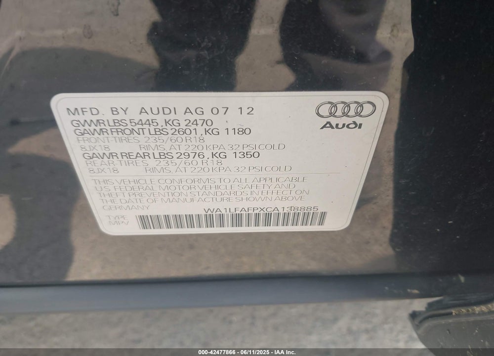 2012 AUDI Q5 2.0T PREMIUM VIN: WA1LFAFPXCA138885
