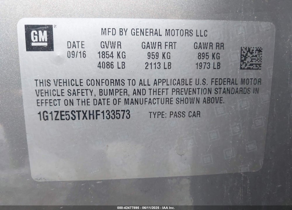 2017 CHEVROLET MALIBU VIN: 1G1ZE5STXHF133573