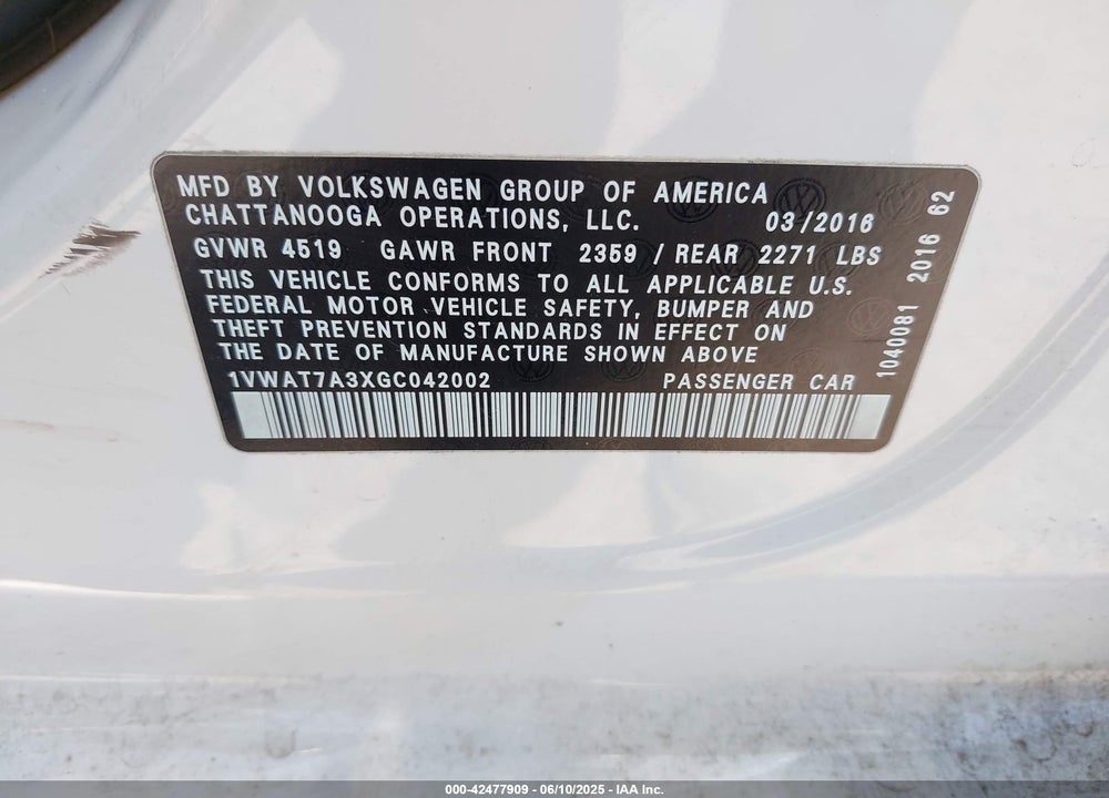 2016 VOLKSWAGEN PASSAT VIN: 1VWAT7A3XGC042002