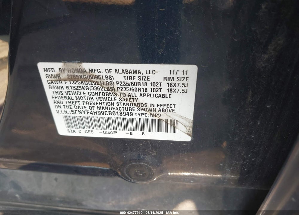 2012 HONDA PILOT VIN: 5FNYF4H99CB018949