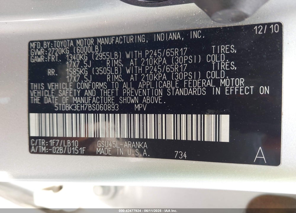 2011 TOYOTA HIGHLANDER VIN: 5TDBK3EH7BS060893